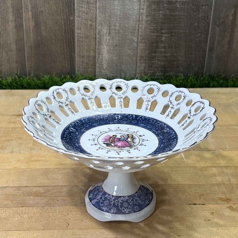 Vintage Arnart Reticulated Pedestal Bowl Courting Couple Porcelain Compote